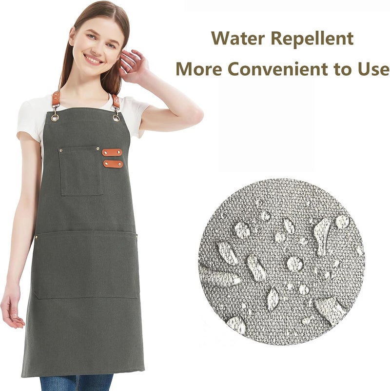 AFUN Chef Aprons for Women Men with Large Pockets, 12-Ounce Cotton Canvas Cross Back Water Repellent Apron (Grey) - Image 2